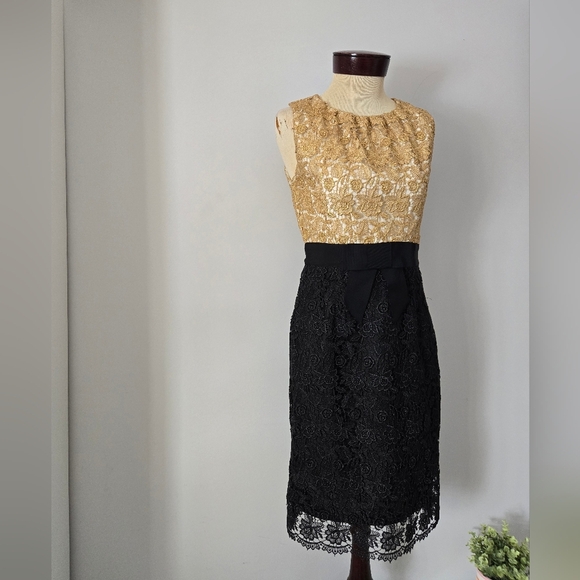 MILLY OF NEW YORK Gold and Black Lace Midi Dress with Waist Bow. Size 4 - Picture 2 of 16